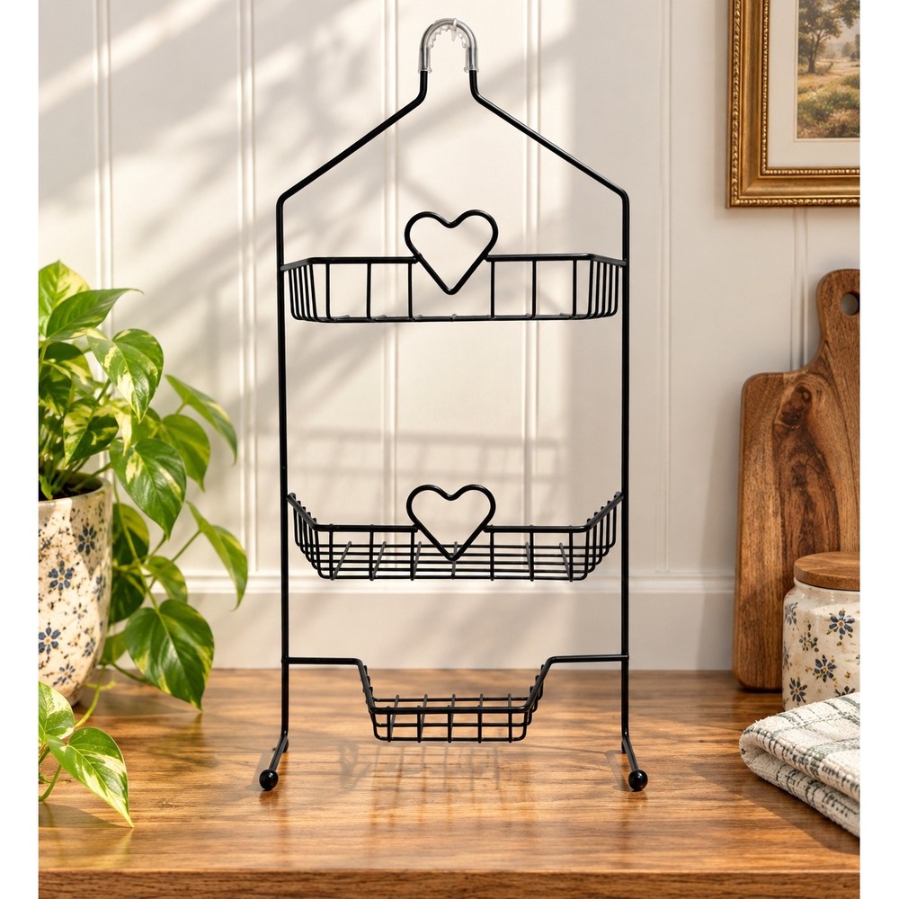 Black Wire Hanging Shower Caddy 3 Tier Heart Bathroom Shelf Country Cottage